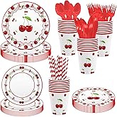 MEHOFOND 168Pcs Cherry Birthday Party Supplies, Coquette Cherry with Bow for Girl Birthday Baby Shower Party Decorations Disposable Cherry on TOP Paper Plates Tableware Set for 24 Guests