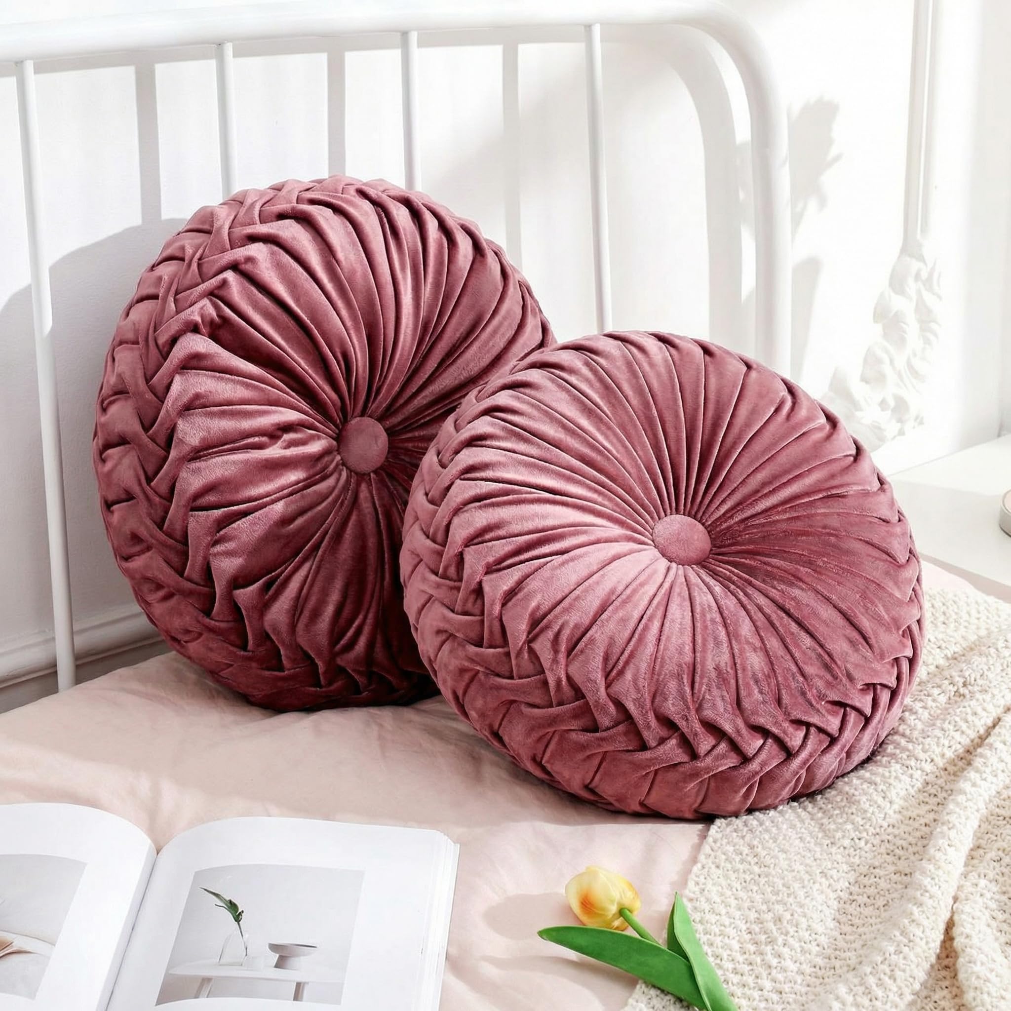 Drydiet Round Throw Pillows Decorative Pleated Throw Pillows 15'' Diameter Accent Pumpkin Boho Chair Cushion for Couch Sofa Home Decoration(Dusty Rose,2 Pcs)