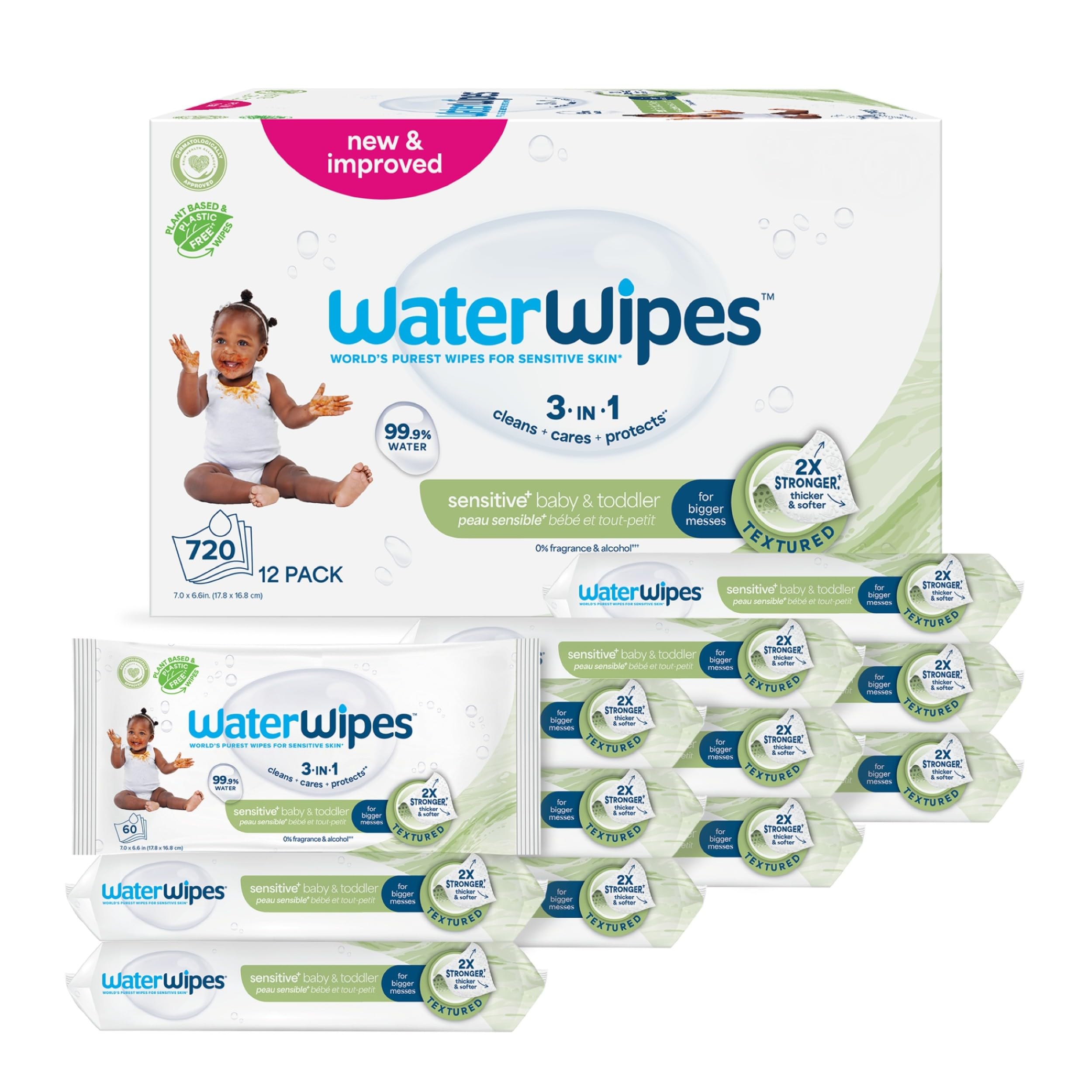 WaterWipes Sensitive+ Baby & Toddler Wipes, 720 Count (12 Packs), 3-In-1 Cleans, Cares, Protects, 99.9% Water, Textured Clean, Unscented