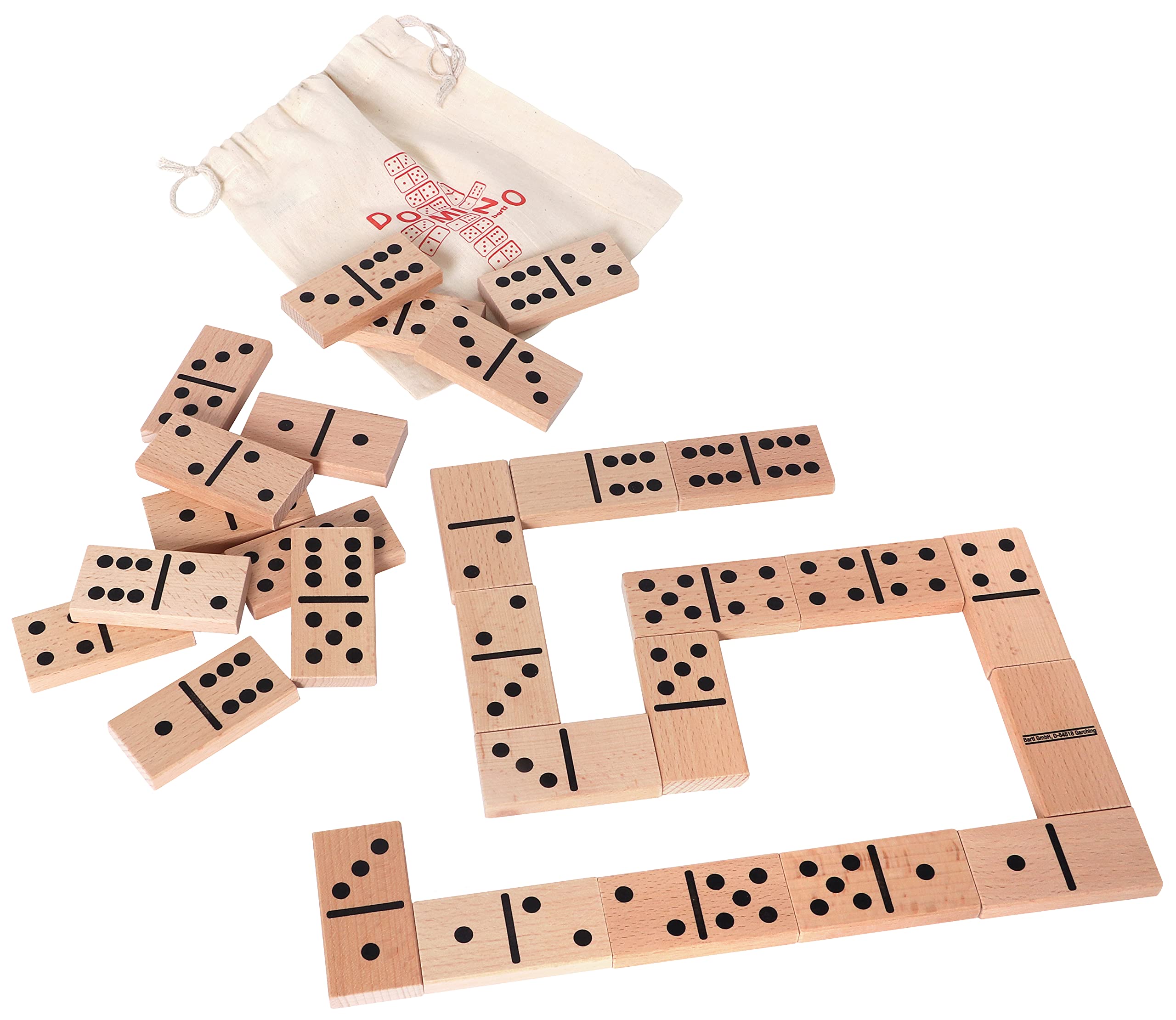 Bartl 103926 Extra Large Domino XXL made of natural beechwood ideal for small children and seniors (28 pieces 8 cm x 4 cm) with practical cotton bag for storage