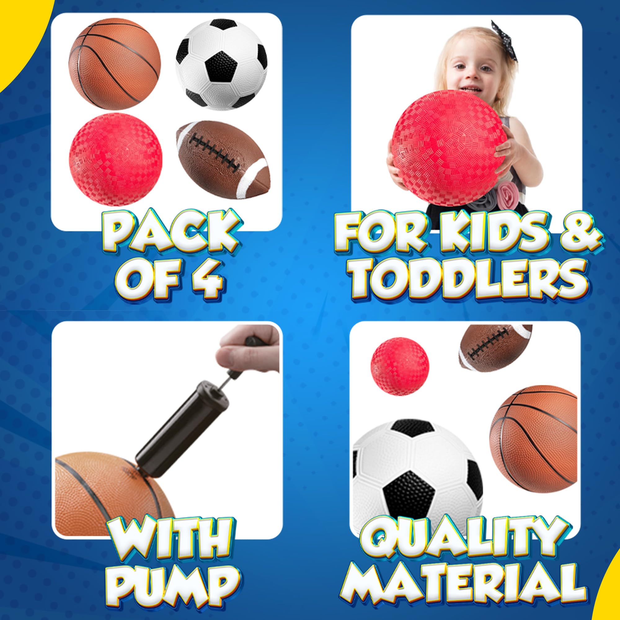 Bedwina Sports Balls for Kids & Toddlers - 5-inch Sports Balls Set Includes Football, Small Soccer Ball, Basketball, and Playground Balls, Fun Indoors & Outdoor Toys (Hand Pump Included)