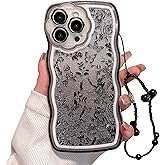 FXFOOT for iPhone 14 Case, [Wavy Curly Edge Comfort Grip] [3 in 1 with Beaded Wrist Strap Bracelet Chain & Sparkling Cardstock] Aesthetic Gothic Flowers and Butterflies for Women Girls