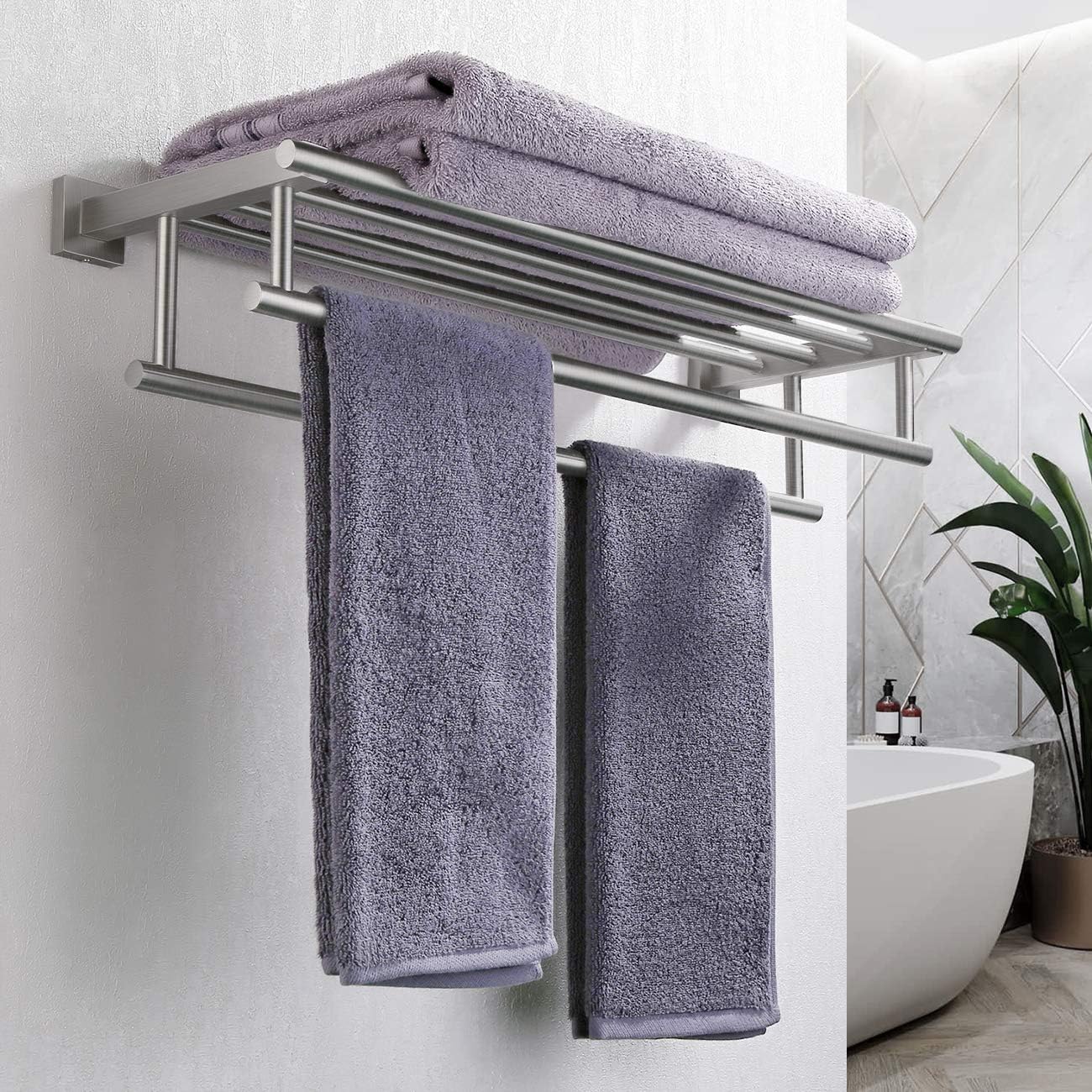KES Bathroom Hotel Bath Towel Rack with Double Towel Bar 23.3-Inch Wall Mount Shelf Rustproof Stainless Steel Modern Brushed Finish, A2112S60-2: Home & Kitchen