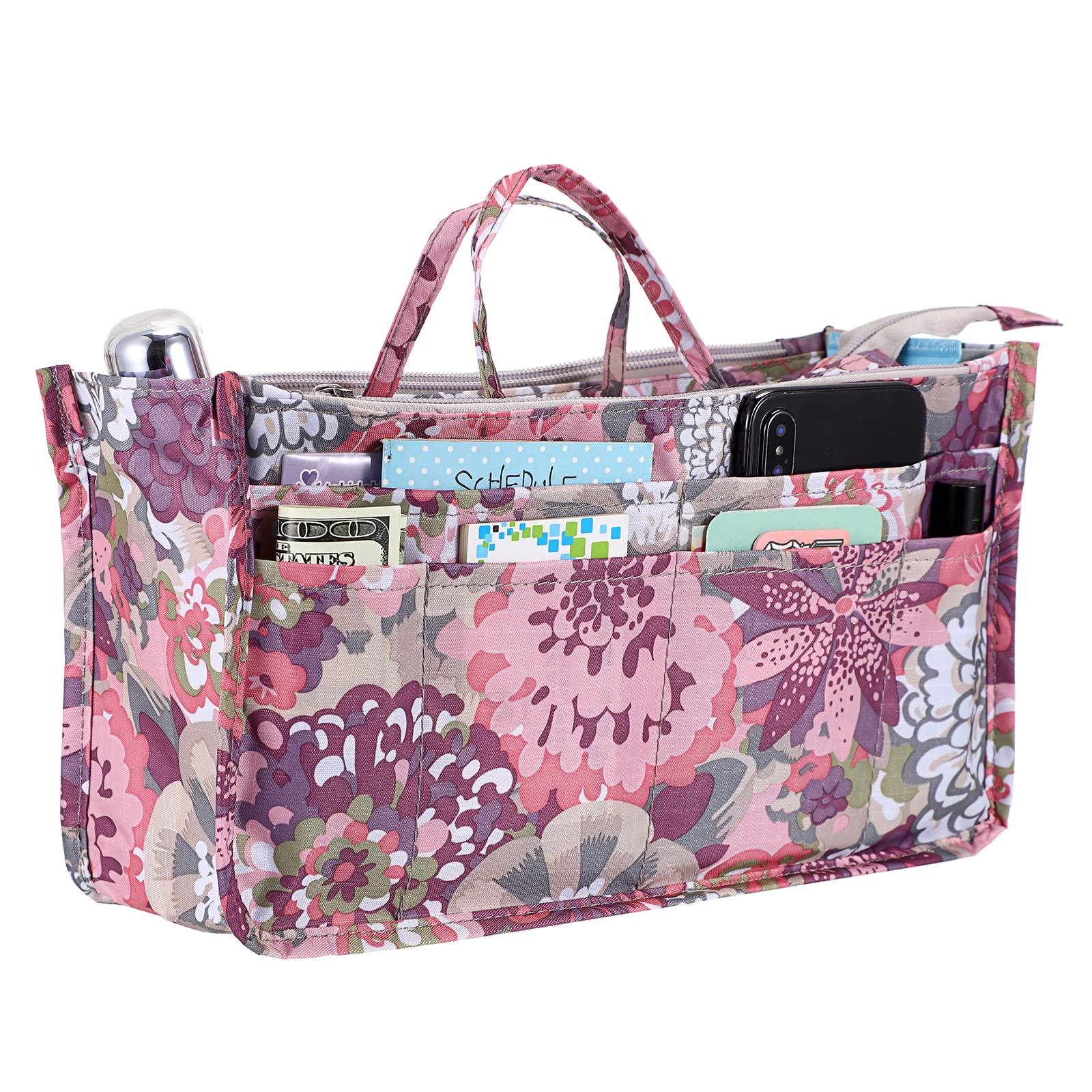 IGNPION Printed Insert Handbag Purse Organiser 13 Pockets Expandable Liner Bag Pouch Zipper Closure Tote Organiser Diaper Bag Insert with Handle (29x 16x 9cm) (Peony)
