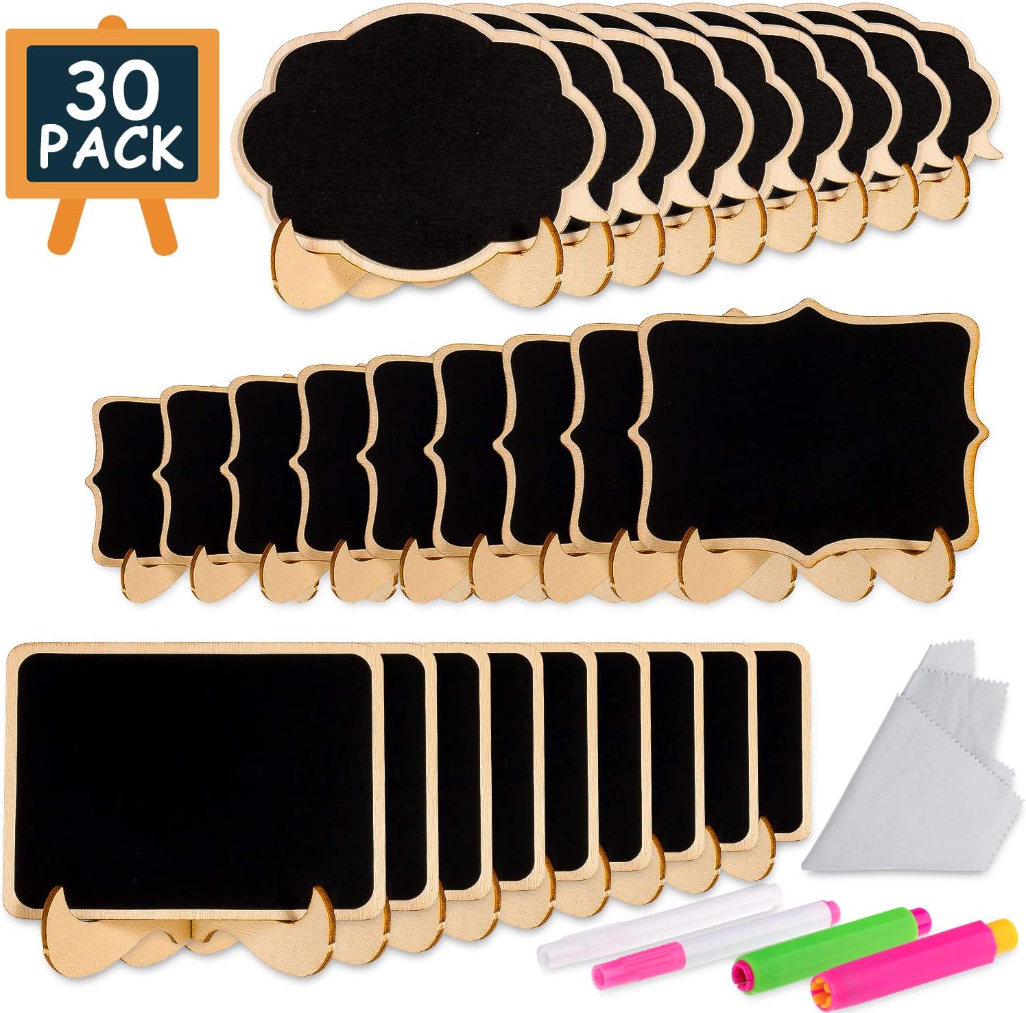 Whaline Mini Chalkboards with Stand, 30 Pack Small Rectangle Blackboard with Marker Pens,Chalk Cases and Cleaning Cloth for School,Message Board Sign,Wedding,Party,Table Numbers,Food Signs,Event Decor