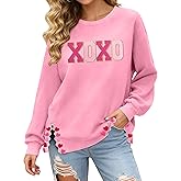 PECHAR Valentine Sweatshirts Women Love Valentines Shirts Embroidered Crewneck Long Sleeve Tops With Side Heart Applique
