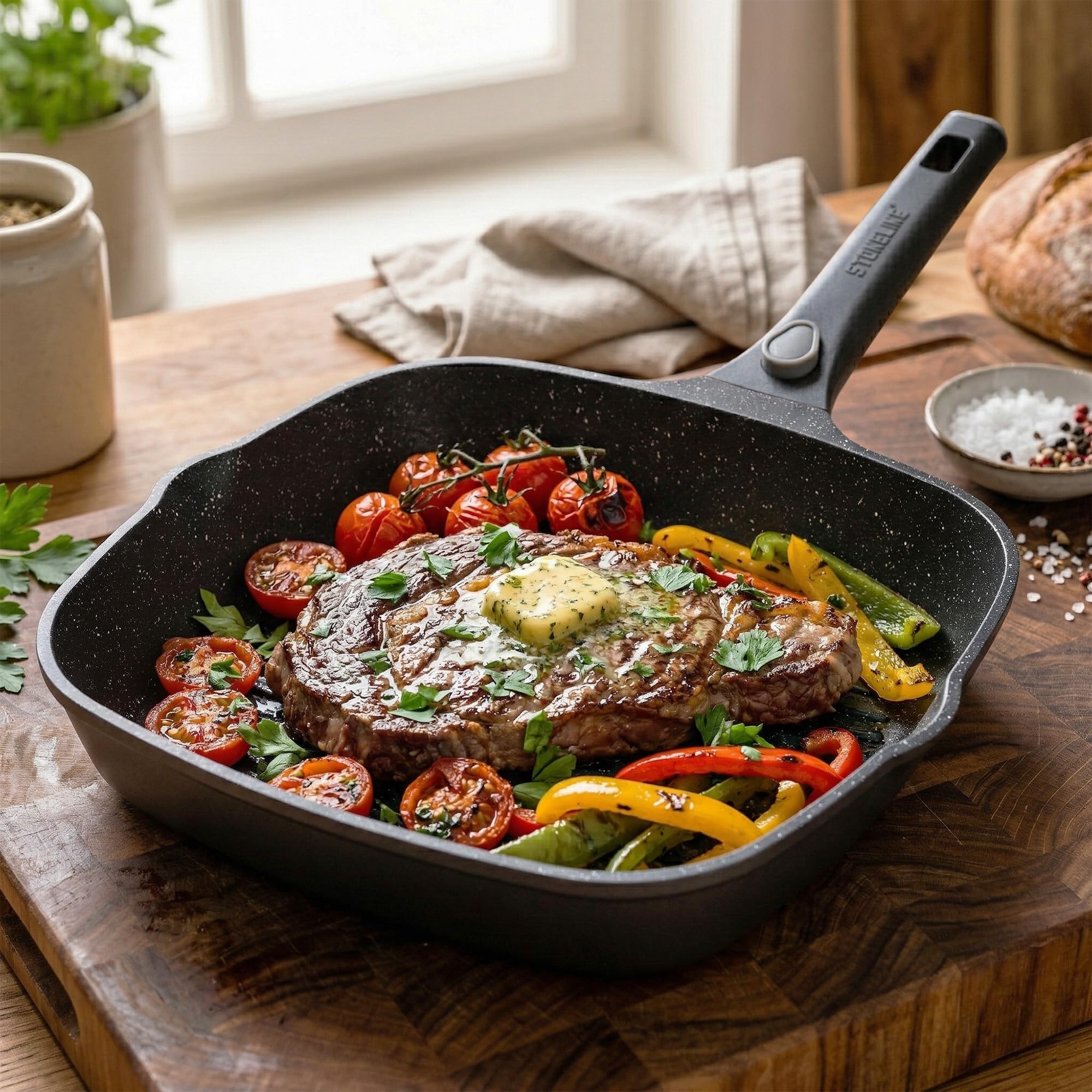 STONELINE SMART Grillpfanne 28 cm ☆ REDESIGN 25/26 ☆ Große Steak Pfanne Aluguss, Abnehmbarem Griff, Pfanne Induktion, Alle Herdarten, Antihaftbeschichtet mit echten Steinpartikeln, Grau 2