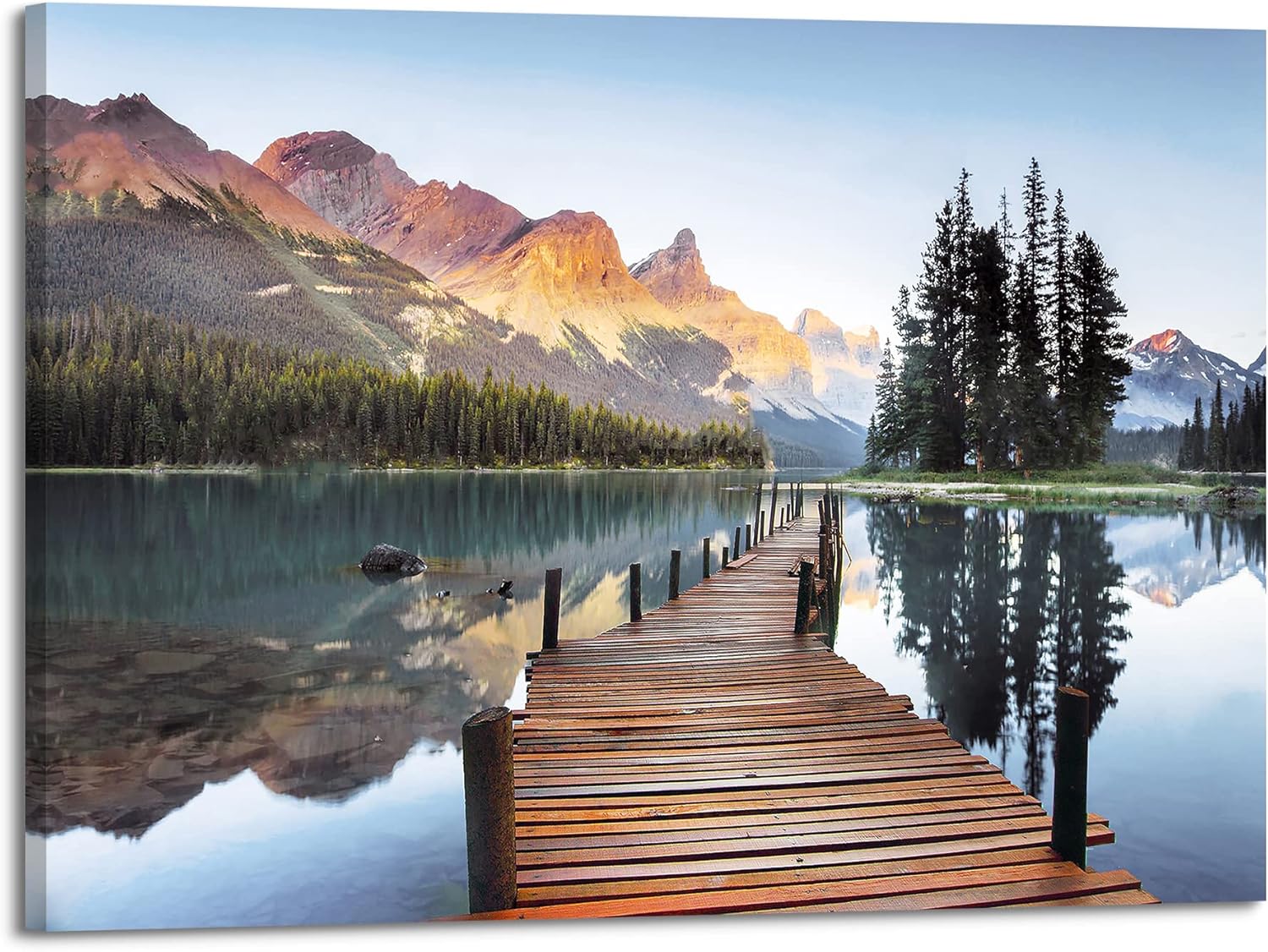 Paintings - Modern Landscape Picture Wall Art: Rocky Mountain Photography Nature Lake Reflection Canvas Painting Calming Wood Bridge Scenery Artwork Sunset Scenic Prints for Bedroom Living Room Home Office
