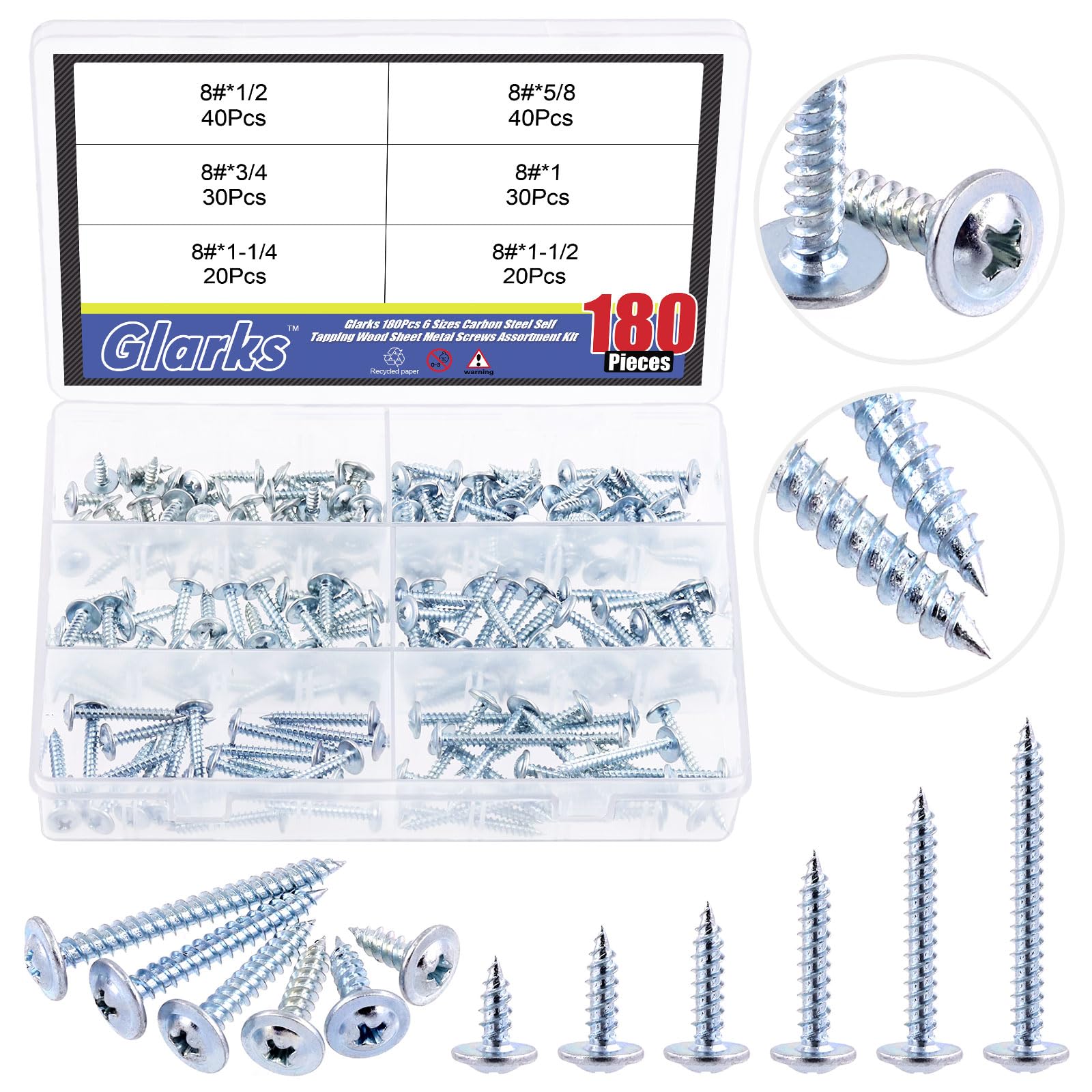 Glarks 180Pcs 6 Sizes #8 Phillips Modified Truss Head Wood Screws Assortment Kit, 8 x 1/2", 5/8", 3/4", 1", 1-1/4", 1-1/2" Blue Zinc Plated Carbon Steel Self Tapping Sheet Metal Screws Set