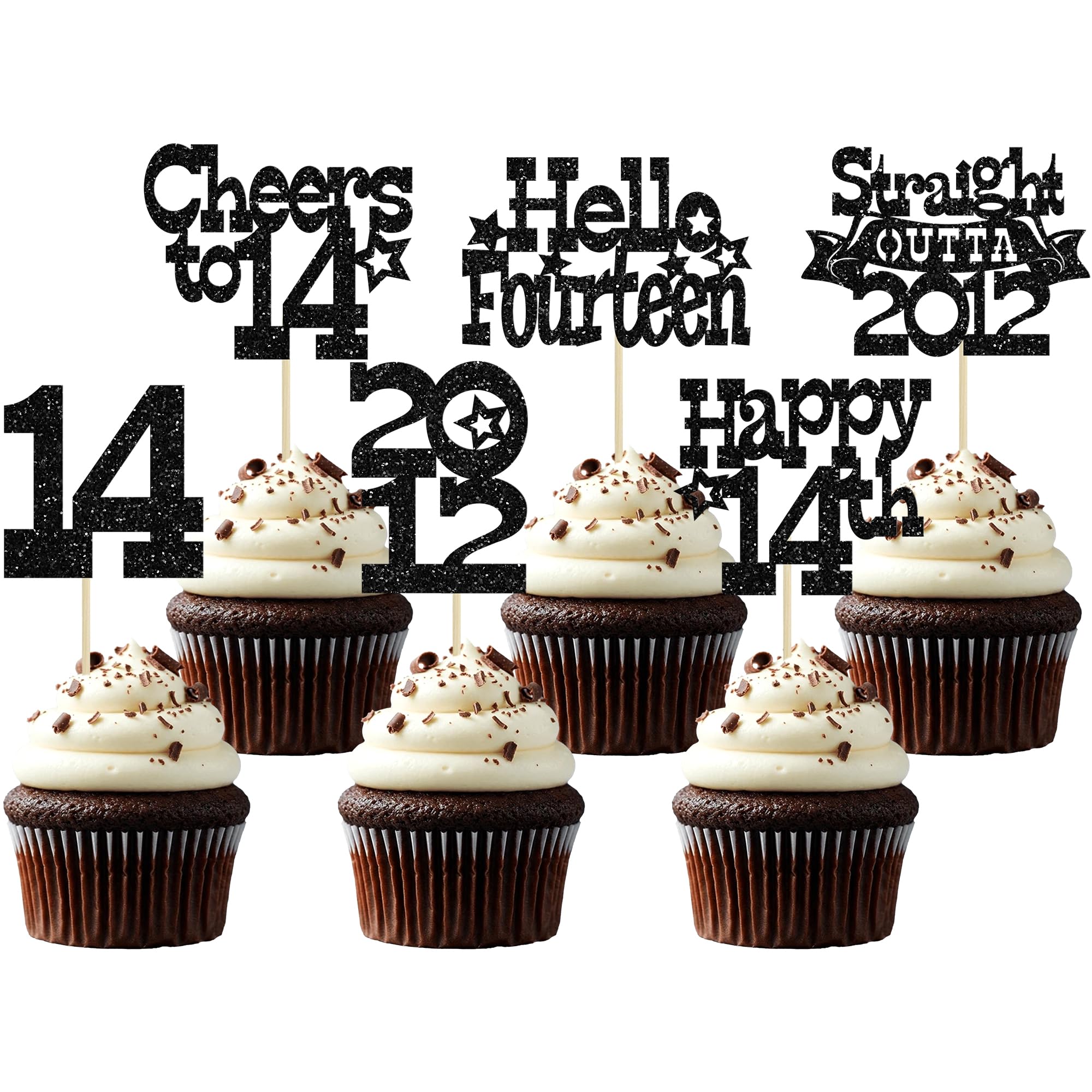 Ephlyn 30Pcs Straight Outta 2012 Cupcake Toppers Glitter Fourteen Happy 14th Birthday Cupcake Picks Cheers to 14 Years Cake Decorations for 14th Birthday Anniversary Party Supplies Black