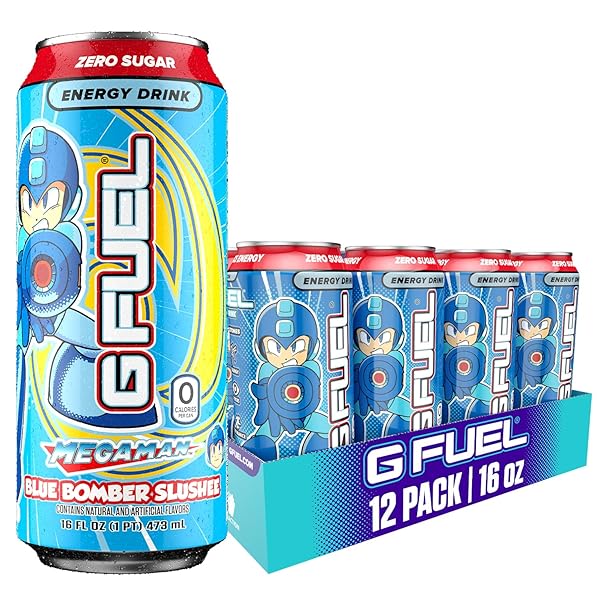 G FUEL ENERGY DRINK, BLUE RASPBERRY, SUGAR FREE BEVERAGE WITH 300MG CAFFEINE, DAILY ENERGY BOOST WITH FOCUS AMINO, VITAMIN + ANTIOXIDANTS, 16 OZ CANS (MEGAMAN BLUE BOMBER, 12-PACK)