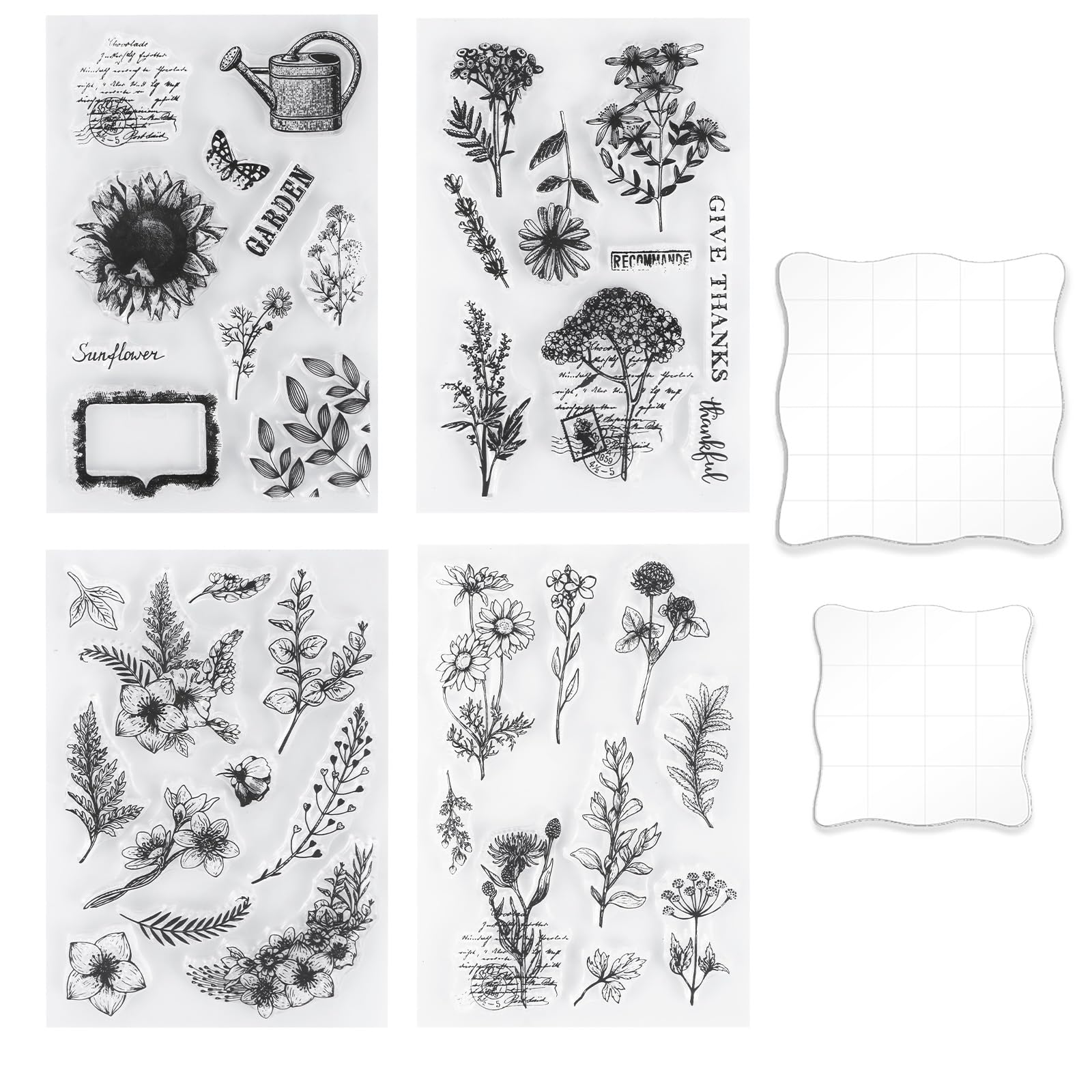 UCEC 4 Sheets Clear Stamps Set for Card Making and 2 Pcs Acrylic Stamp Block, Vintage Plants and Flowers Rubber Silicone Stamps, Small Clear Stamps for Crafts Decoration and DIY Scrapbooking
