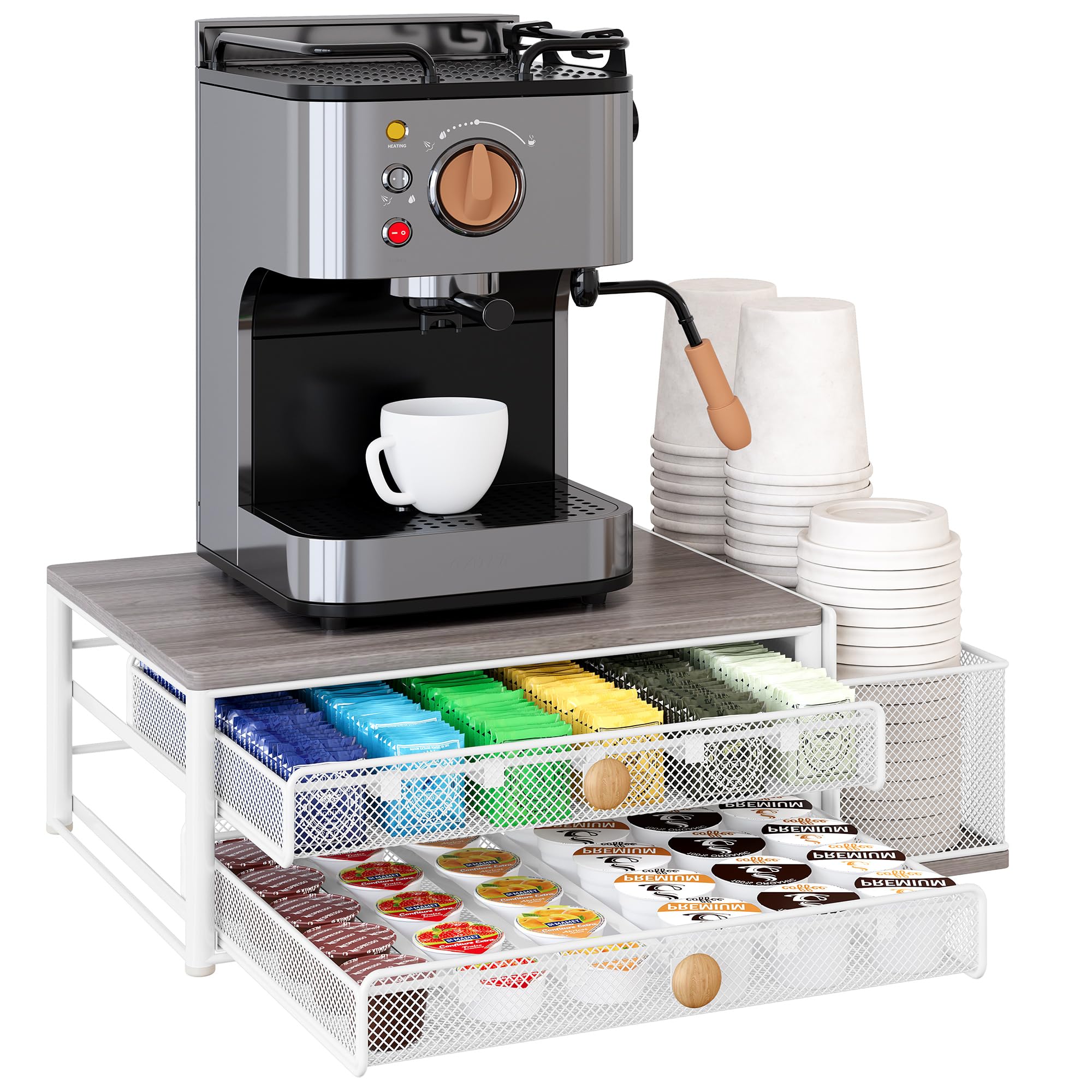 Photo 1 of ***(PARTS ONLY/ MAJOR DAMAGE/ NON FUNCTIONAL)***TQVAI K Cup Holder - 60 Capsule Capacity Pull Out Coffee Pods Drawer with Disposable Cups & Lids Holder - Coffee Bar Organizer for Countertop, White