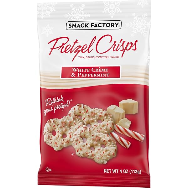 SNACK FACTORY PRETZEL CRISPS, HOLIDAY WHITE CRÈME AND PEPPERMINT COVERED PRETZELS, 4 OZ