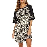 Ekouaer Cotton Nightgowns for Women Short Sleeve Sleep Shirts Crew Neck Night Shirts Soft Color Block Night Gown