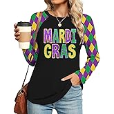 PICKID Mardi Shirts for Women: Carnival Glitter Mask Graphic T Shirt Mardi Outfit Fat Tuesday Long Sleeve Tops