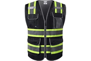 HATAUNKI Retro-Reflection Black Mesh Safety Vests With 9 Pockets and Front Zipper ANSI/ISEA 107-2015 (Black-04, X-Large)