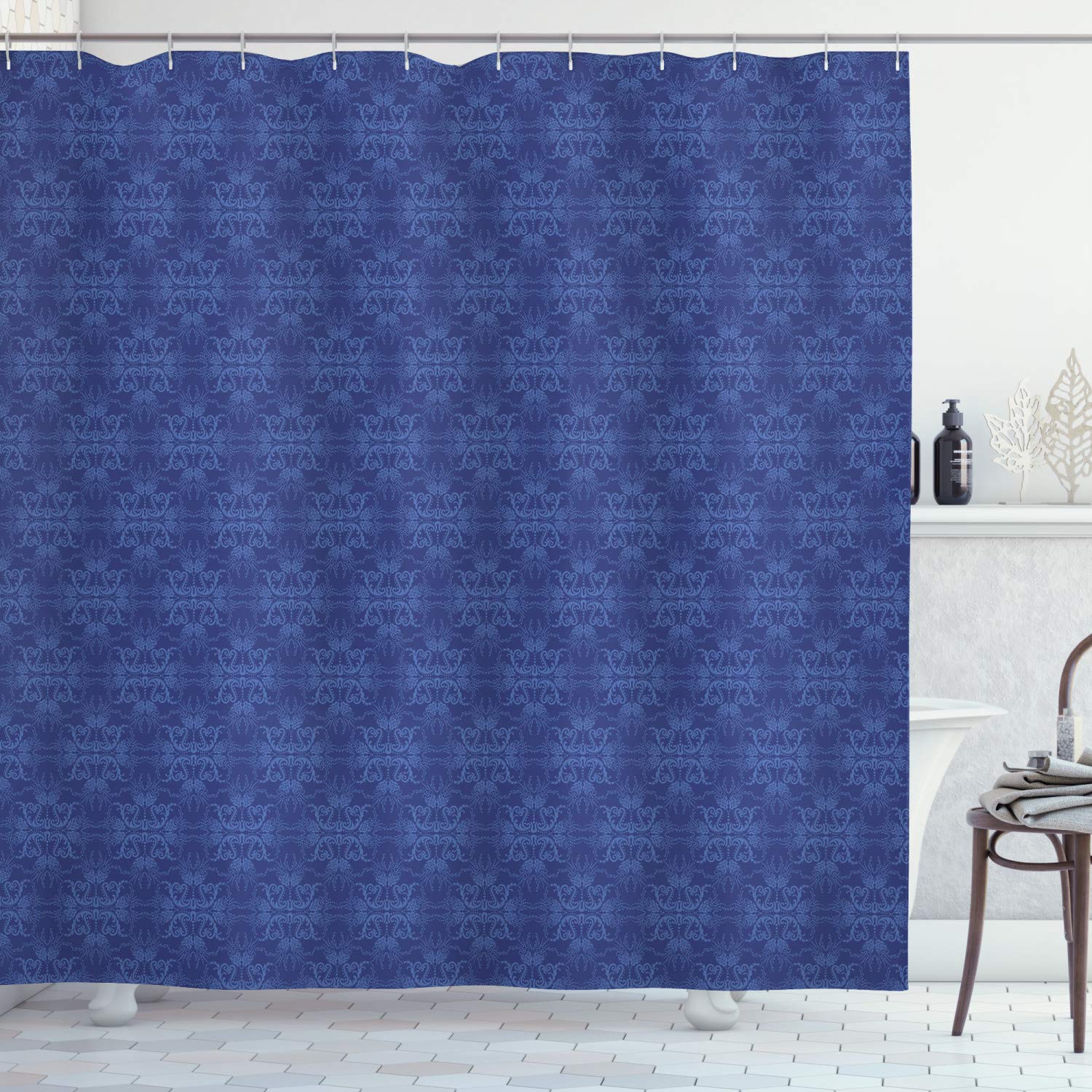 ABAKUHAUS Navy Blue Shower Curtain, Antique Baroque Damask Inspired Motifs Abstract Flowers Ornamental Victorian Garden, Cloth Fabric Bathroom Decor Set with Hooks, 94 Inches, Blue