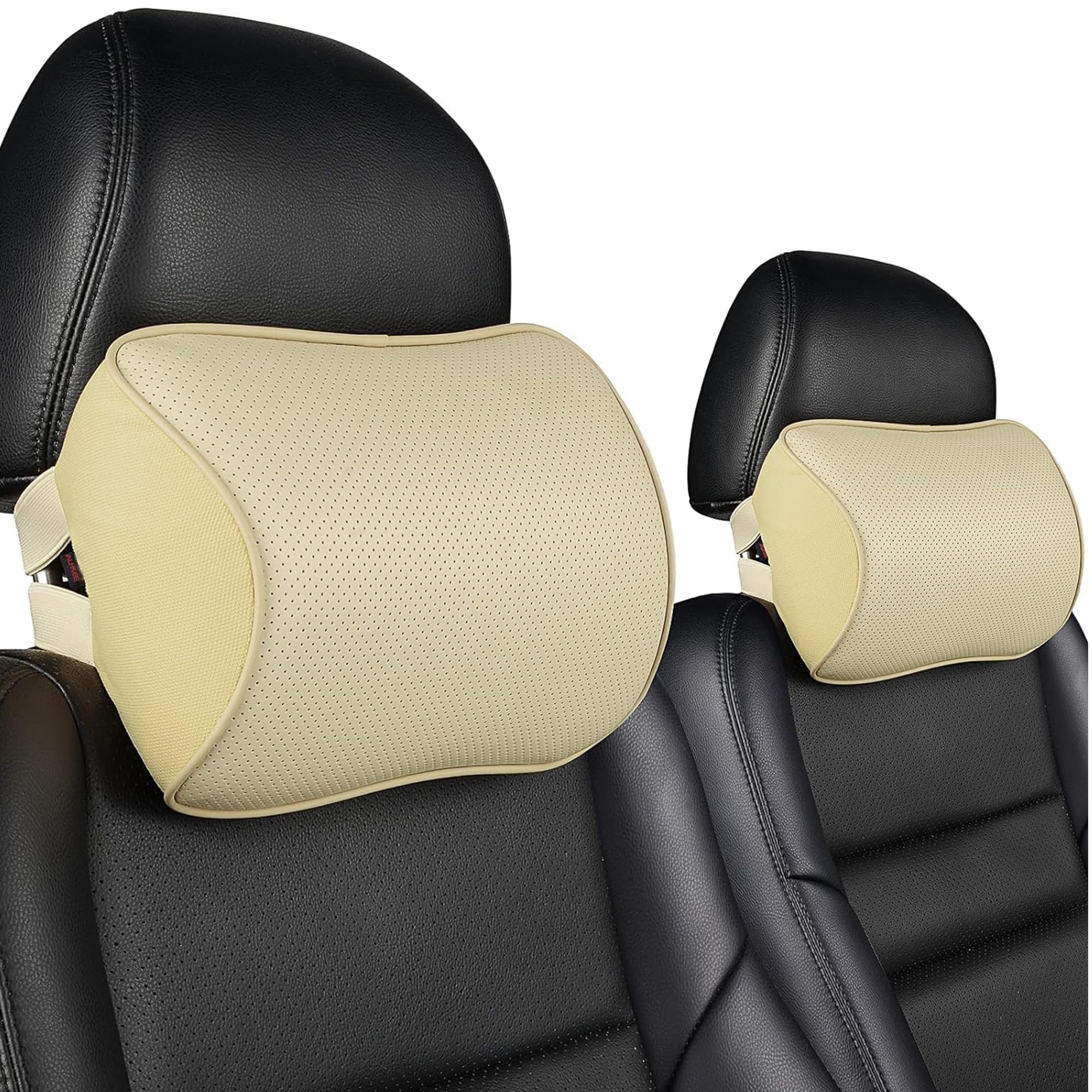 Photo 1 of Aukee Car Neck Pillow Soft Memory Foam Leather Headrest for Driving Home Office Beige (Pack of 2)