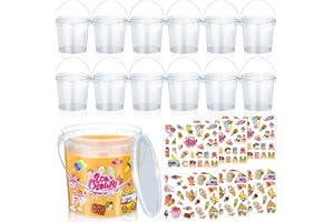 Burbell 12 Pcs 1L Rum Buckets for Drinks with Lids and Handles 150 Stickers Clear Plastic Ice Cream Tub Cocktail Drink Buckets Reusable Food Containers for Summer Beach Party Supplies