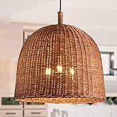 HUEHENGHAO Dark Brown Rattan Pendant Light, 3-Light Large Woven Pendant Hanging Light Natural Basket Chandelier Farmhouse Bam