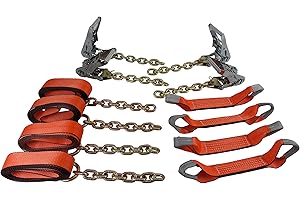 Mytee Products 8 Point Roll Back Vehicle Tie Down Kit with Chain Extension on Both Ends, Ratchet Handles - High Abrasion Orange, WLL# 3333 LB - Tow Truck Straps Car Hauler Tie Down System