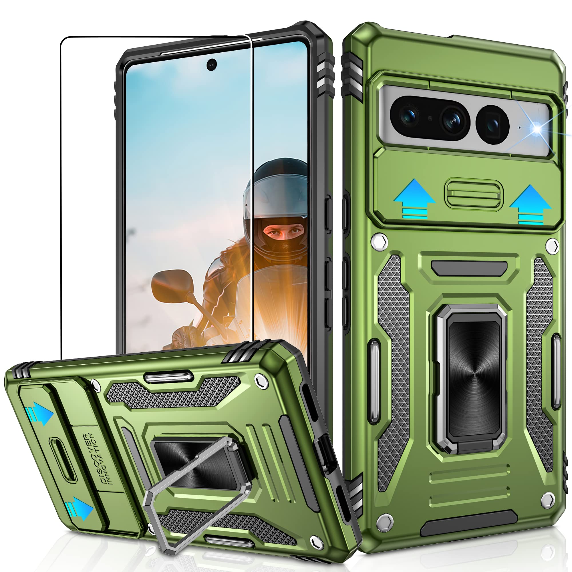 Jshru for Google Pixel 7 Pro Case with [Upgraded] Slide Camera Cover,Military Grade Shockproof Pixel 7 Pro Case with Ring Kickstand, Anti-Scratch Armour Phone Cover for Google Pixel 7 Pro,Green — image 1