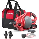 POPULO 20V Cordless Electric Drain Auger-Efficient 25Ft Auto-Feed Drain Snake with Replaceable Cable,2.0Ah Battery,Charger,Storage Bag &amp; Gloves for Kitchen,Bathroom,Shower Pipes (3/4"-2")"