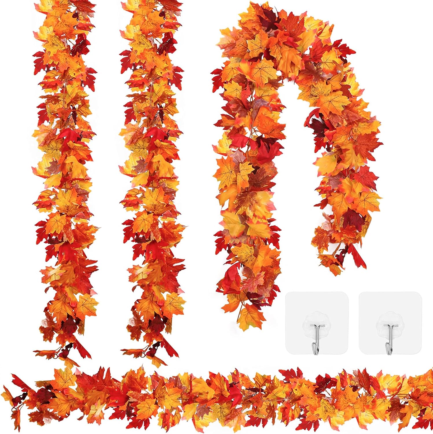 Wreaths, Garlands & Swags - Aneco 4 Pack Artificial Autumn Maple Leaves Garland 5.8 Feet Fall Leaf Foliage Garland Decorations Colorful Autumn Decor Fall Mantel Decor with 8 Adhesive Hooks for Thanksgiving Fall Wedding Party