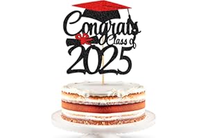 Katchon, Glitter Graduation Cake Topper 2025 - Congrats Grad Cake Topper | 2025 Grad Party Decorations | Grad Dessert Topper Class of 2025, Red and Black Graduation Decorations 2025