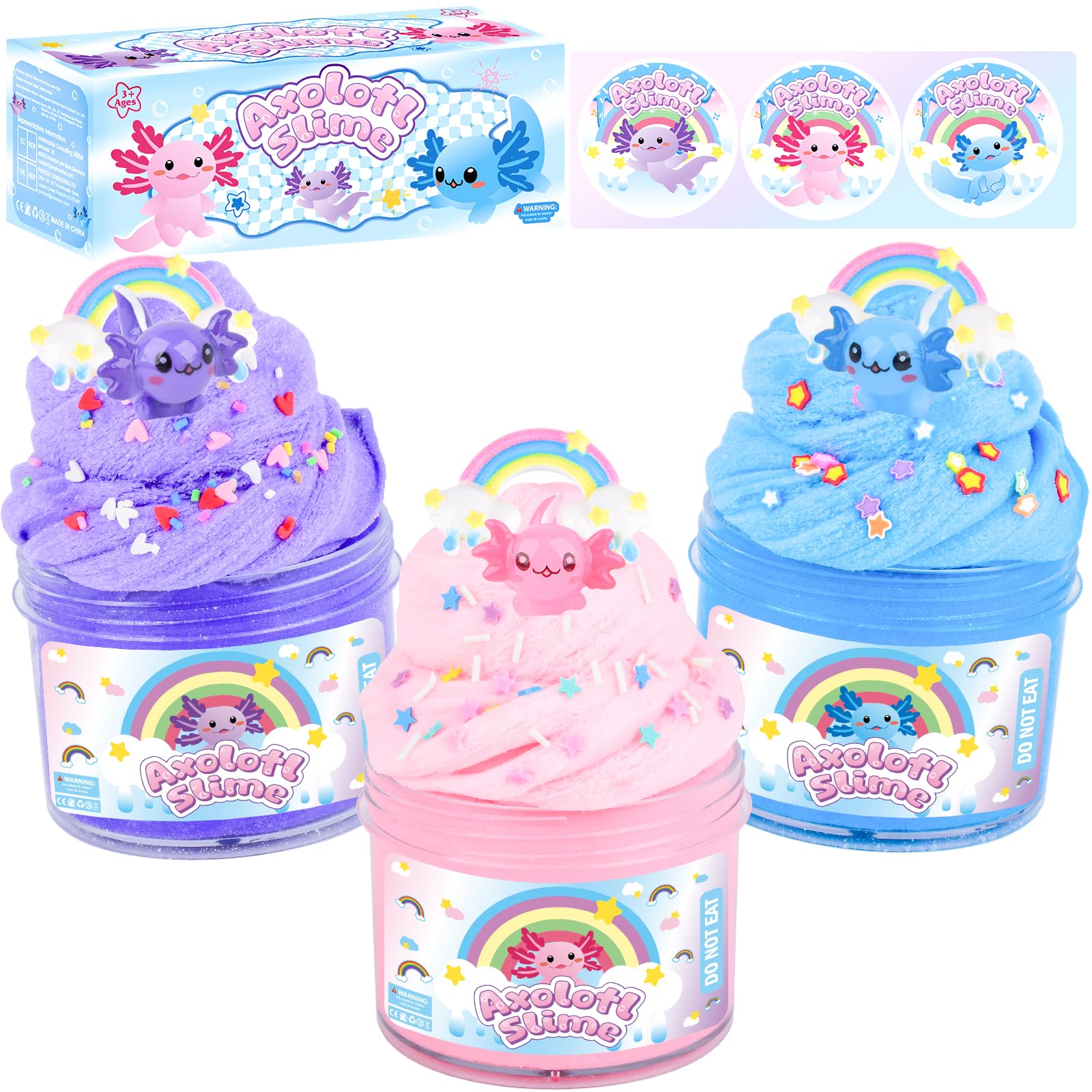 3 Packs Axolotl Cloud Slime with Pink, Blue and Purple Axolotl Charms, Scented Cloud Slime Party Favor for Girls & Boys, Super Soft, Birthday Gifts, Goodie Bag Stuffers, Classroom Rewards for Kids — image 1