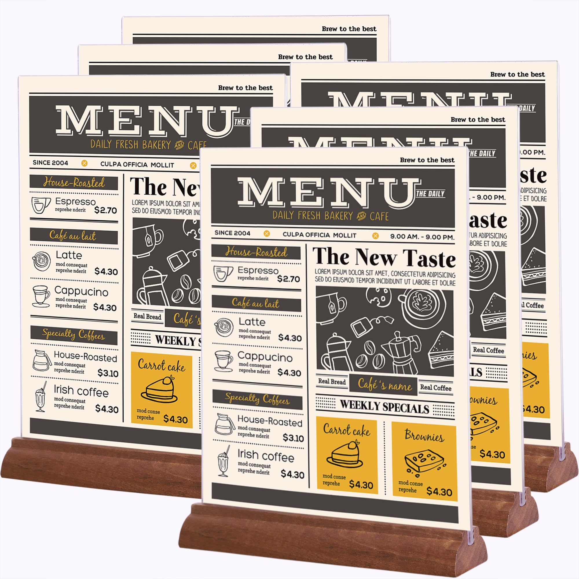 Komstuon A4 Acrylic Sign Holder (6 Pack) - Double Sided Stand With Wood Base for Posters, Menus, Documents, Pictures - Tables, Restaurants, Hotels, Offices, Weddings