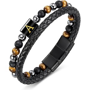 OUTSTHAND Men Braided Leather Bracelet Layered Tiger Eye Stone Mens Jewelry | Natural Tiger Eye & Black Onyx Beads,A-Z Initia