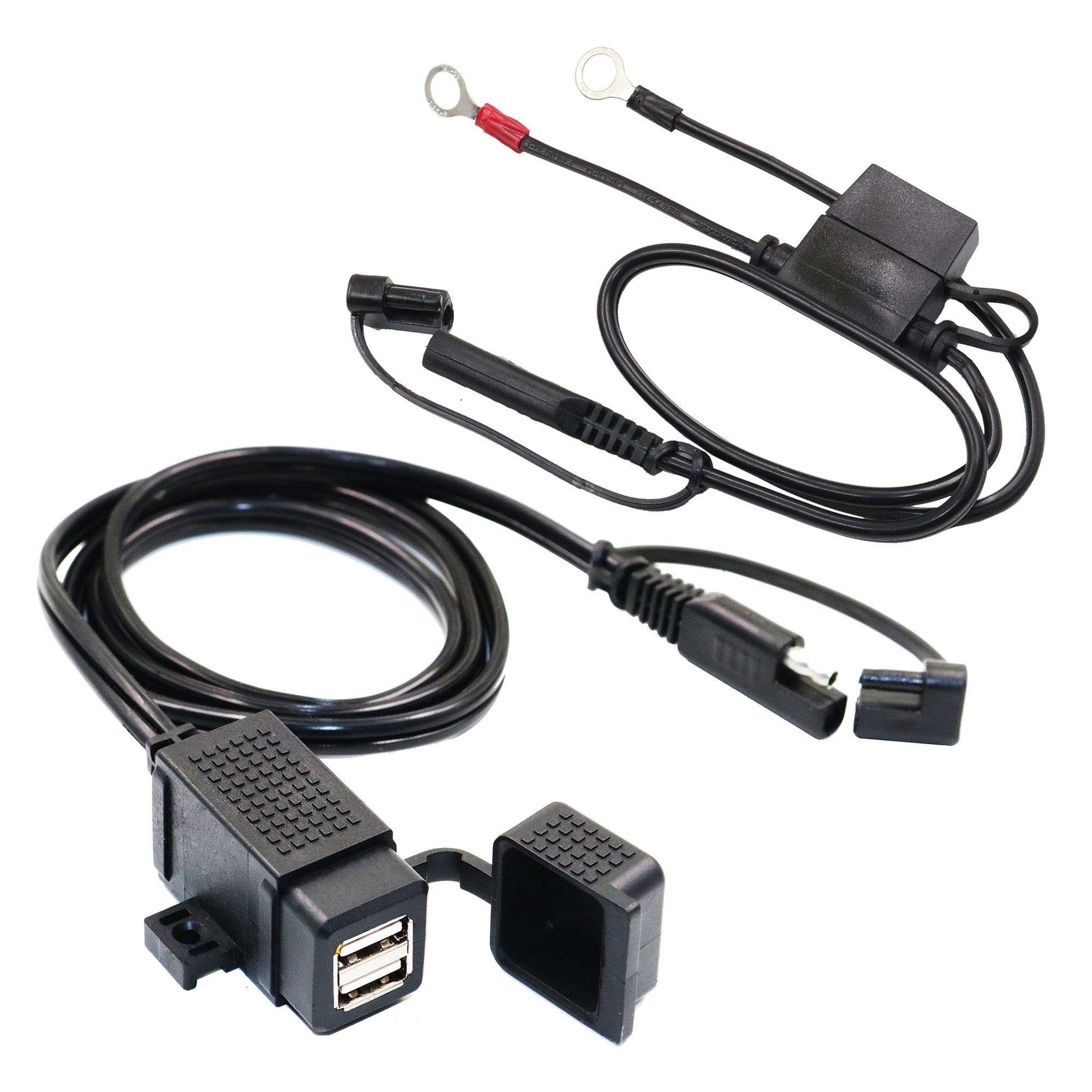 MOTOPOWER MP0609EA 3.1Amp Waterproof Motorcycle Dual USB Charger Kit with Fused SAE Ring Terminal Cable Harness