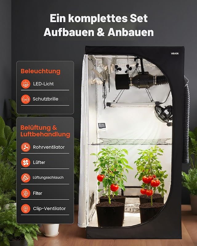 Growzelt-Set, 100x100x200 cm, Gewächshauszelt mit Vollspektrum-LED-Zuchtlicht & Belüftungssystem, Pflanzenzelt 600D hochreflektierendes Mylar, Anzuchtzelte für Blumen und Gemüse