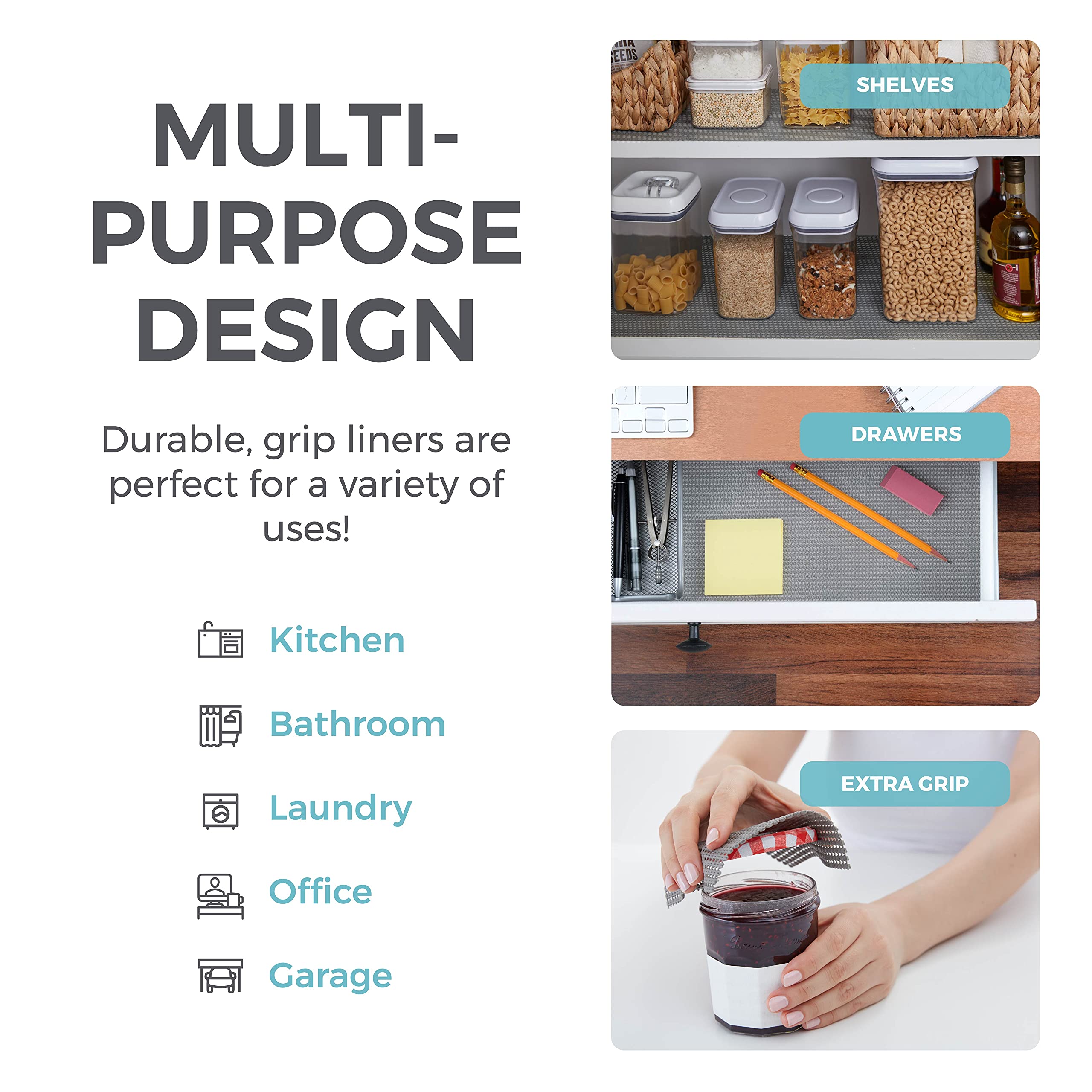 HOME GENIE Shelf Drawer and Cabinet Liner, Durable with Strong Grip, 12 in x 20 FT, Non Adhesive Liners Protect Kitchen Cabinets and Cupboard, Pantry, Bathroom Drawers and Shelves, Desks, Soft Gray