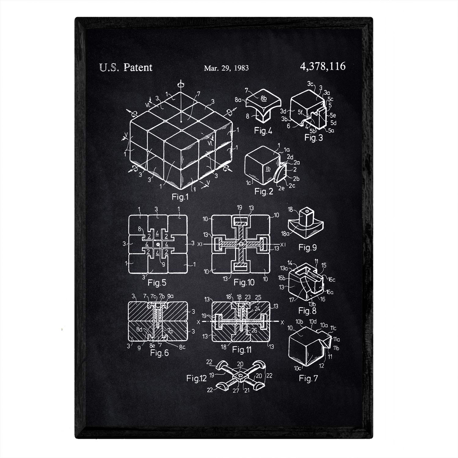 Nacnic Poster patent Rubik's Cube. Sheet with old design patent A3 size with black background