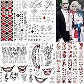 Zeecdatoo 34 Sheets Joker Tattoos, Halloween Temporary Tattoos for Halloween Cosplay Costumes and Party Accessories, Halloween Face Zombie Fake Scars Tattoos （Large Size）