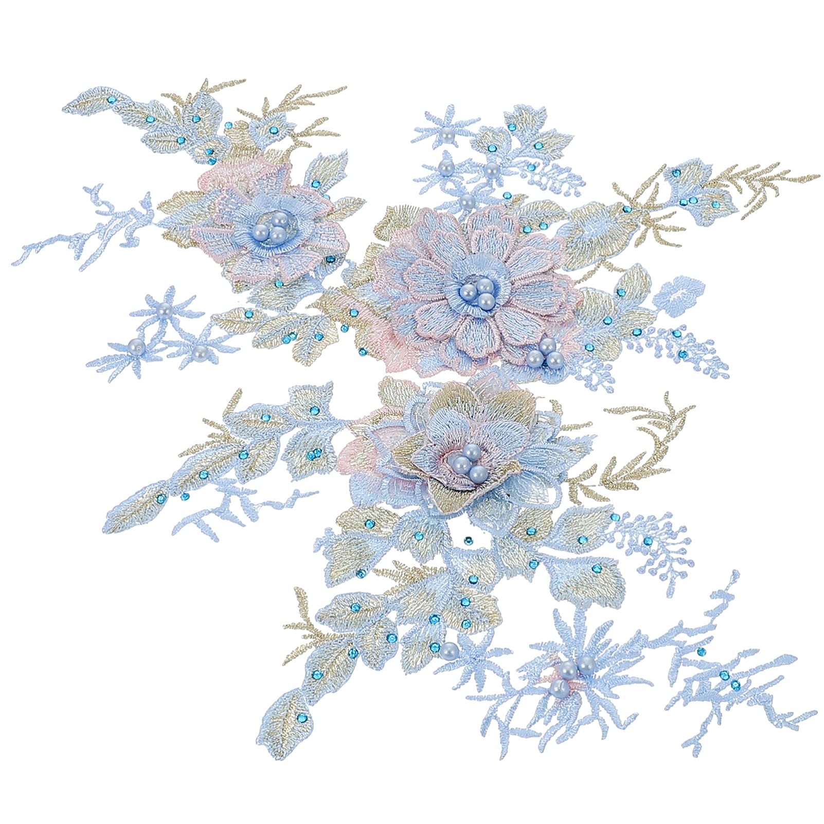 HEALLILY 2Pcs 3D Pearl Flower Embroidery Lace Applique Beading Flowers Sew On Patches Lining Fabric Blouse for Wedding Dress Accessories Sky- Blue, 35.5X28X1CM, (16COT9J420152SK5ER6ODTIL)