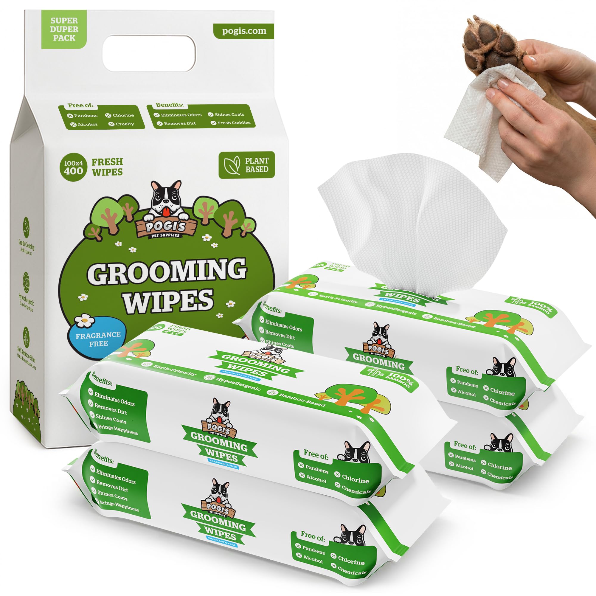 Pogi’s Dog Wipes – Plant-Based, Hypoallergenic Wipes for Dogs and Puppies – Fragrance Free, 400-Count