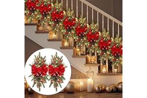Lyrow 8 Pcs Christmas Artificial Swags 24" Xmas The Cordless Prelit Stairway Swag Teardrop Trim Wreath Door Stair Swag Garland Christmas Swags for Outdoor Home Garden Decor(Red,Ribbon)