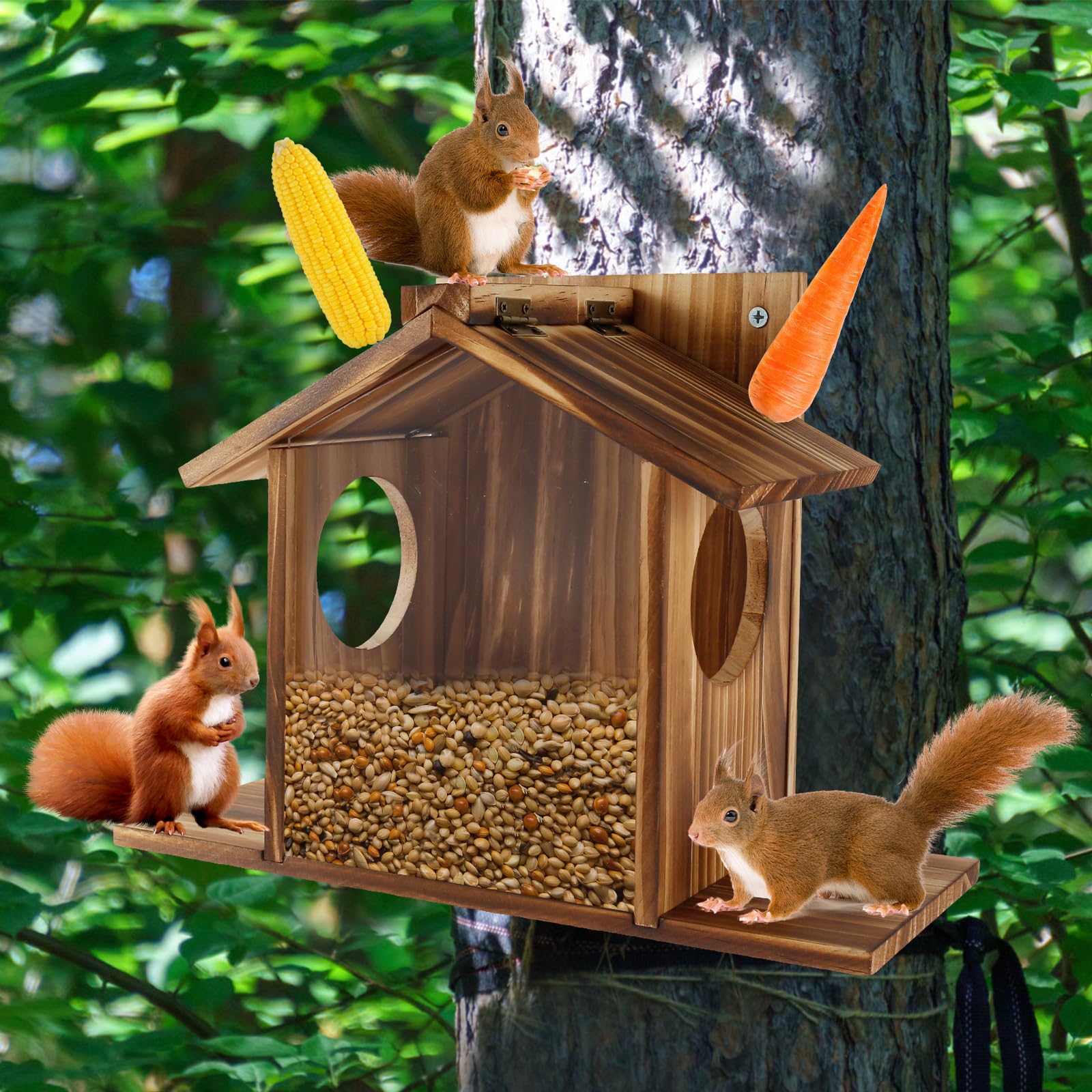 Wood Squirrel Feeder House for Outside Tree - Large Capacity Feeding Station for Squirrels, Chipmunks - Hanging House for Garden, Backyard, Window