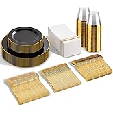 SUT 175 Piece Black and Glod Plastic Dinnerware Set for 25 Guests, Disposable Plastic Plates, Include: 25 Dinner Plates, 25 Dessert Plates, 25 Pre Rolled Napkins with Silver Silverware, 25 Cups