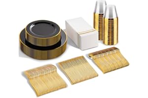 SUT 175 Piece Black and Glod Plastic Dinnerware Set for 25 Guests, Disposable Plastic Plates, Include: 25 Dinner Plates, 25 Dessert Plates, 25 Pre Rolled Napkins with Silver Silverware, 25 Cups