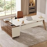 Tribesigns 78.7-Inch Executive Desk, L-Shaped Desk with 55-Inch Cabinet, Large Office Desk with Storage Shelves, Modern Computer Desk for Home Office, White &amp; Walnut