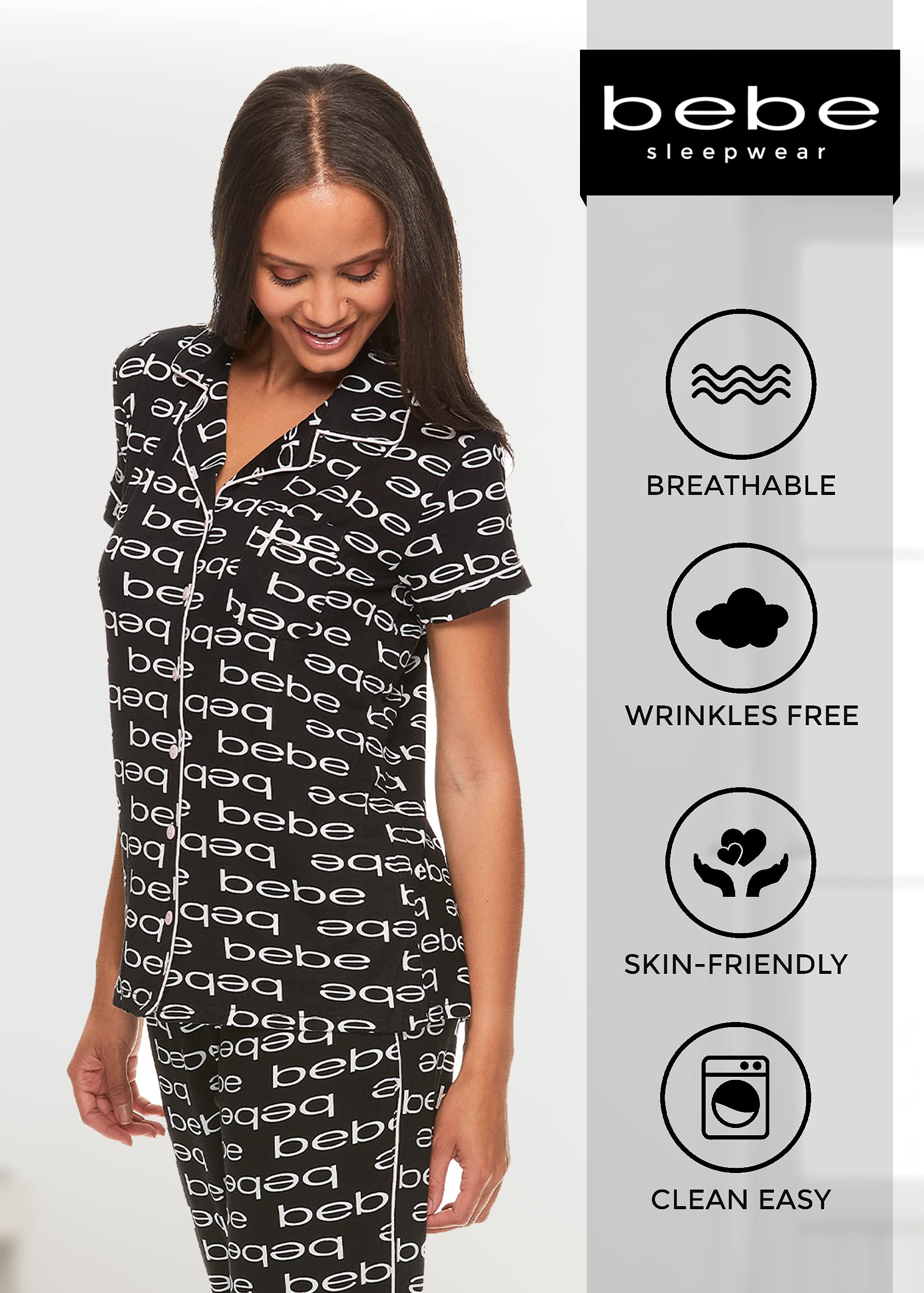 bebe Womens 2 Piece Short Sleeve Button Down Shirt and Long Pants Bridesmaid Pajamas Set Black Large