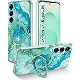 Shecaset Magnetic for Samsung Galaxy S25 Case with Invisible Ring Stand [Compatible with MagSafe], Full Body Rugged Slim Women Men Girl Shockproof Marble Pattern Design Case,Light Green