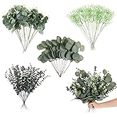 Abeillo 100 Pcs Artificial Eucalyptus Stems, 4 Kinds Mixed Fake Eucalyptus Leaves Silver Dollar Picks Greenery Stems Branches for Wedding DIY Bouquets Floral Arrangement Home Decor
