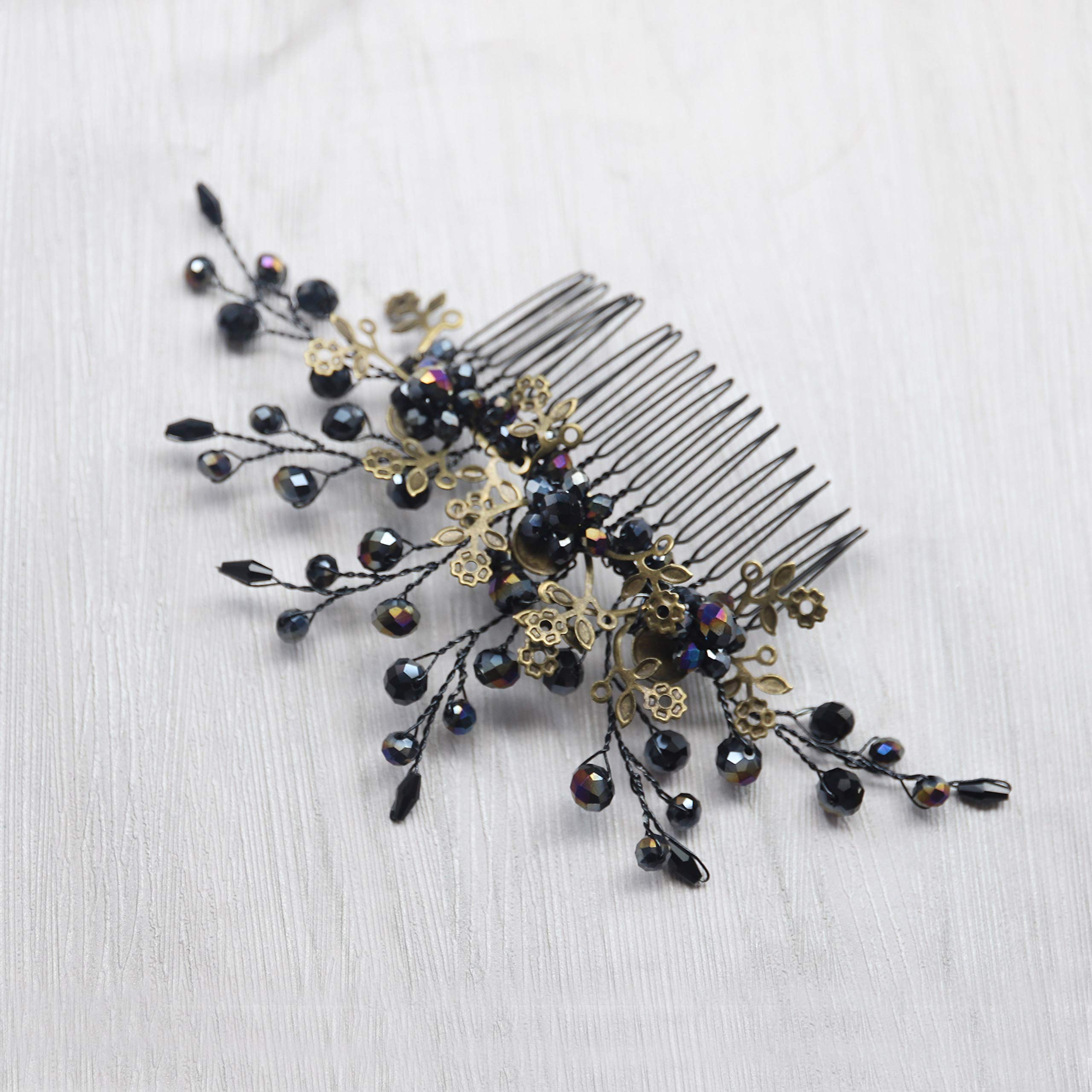 Kercisbeauty Women Black Crystal Hair Comb Slides Gothic Styles Bronze Headpiece for Evening Party Wedding Headband for Brides
