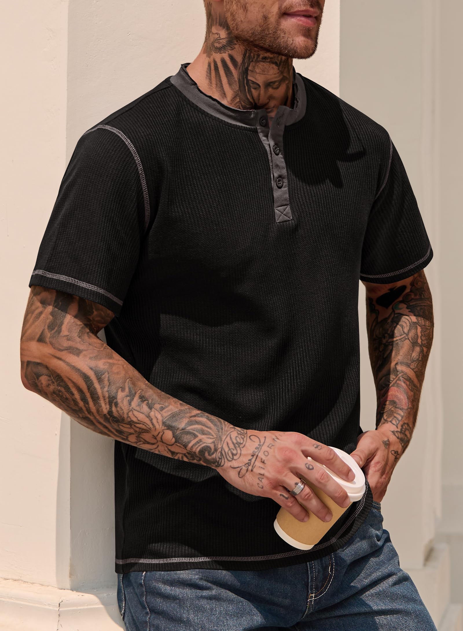 VOGSTART Men 2025 Shirt Button Tee Shirt Waffle Henley Muscle Stretch Cotton Casual T-Shirt Black S